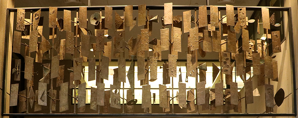 Textured Screen (1st floor Concourse) Harry Bertoia
American, (1915-1978) 1955 Brass, copper and nickel.